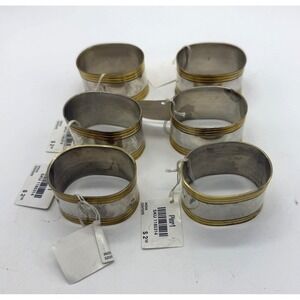 NWT Pier 1 Set of 6 Napkin Rings‎ Silver Tone with Gold Brass Bands Oval Metal